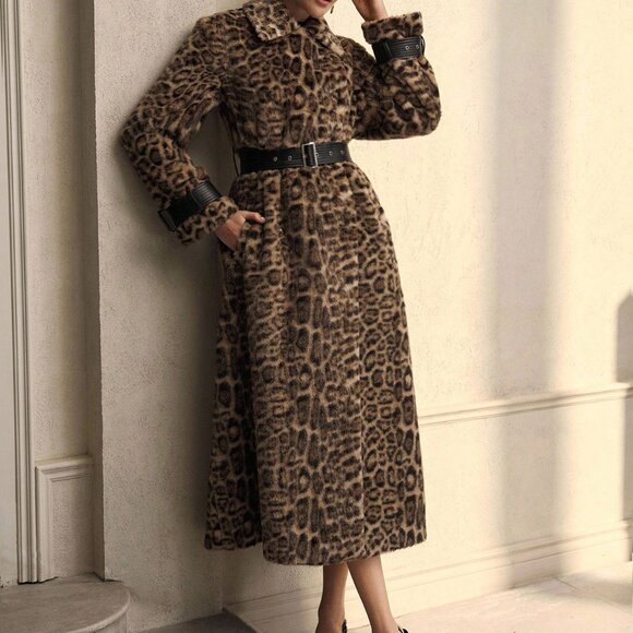 Khaki Casual Women's Leopard Print Faux Fur Patchwork Trench Coat - Picture 7 of 9